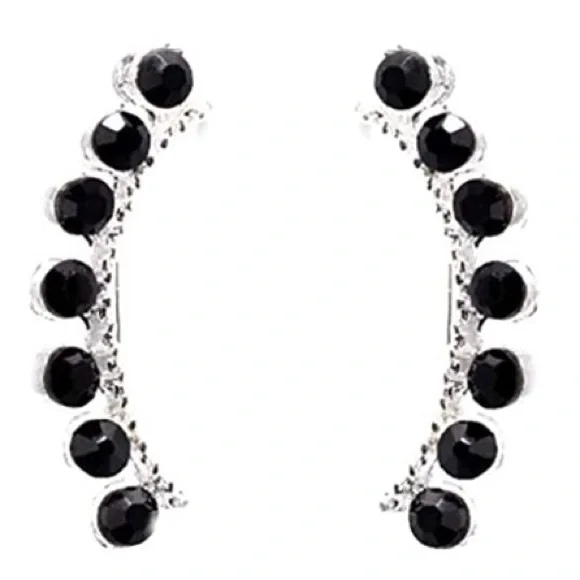 :: Delicate Black Crystal + Silver Ear Climbers - Picture 3 of 7